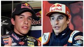 Foto kiri merupakan Marc Marquez saat melakoni balapan 125cc musim 2010. Sedangkan foto kanan foto Marquez usai dipastikan menjadi juara dunia MotoGP 2019. (AFP PHOTO/JOSEP LAGO/JOSE JORDAN)