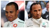 Lewis Hamilton ketika masih memperkuat McLaren di F1 2010. Sementara foto kanan Hamilton sudah memiliki rambut dreadlock usai menjadi juara dunia F1 2019. (AFP PHOTO/Saeed KHAN/ANDREJ ISAKOVIC)