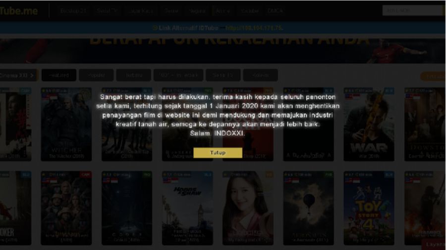 Situs streaming film IndoXXI tutup (Screenshot via IndoXXI)