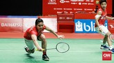 Greysia/Apriyani menghadapi duel sengit lawan Maiken Fruegaard/Sara Thygesen di final ganda putri. (CNN Indonesia/Andry Novelino)