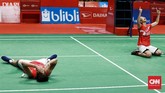Greysia/Apriyani berhasil menang dramatis 23-21 di gim penentuan. (CNN Indonesia/Andry Novelino)