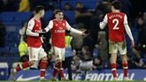 Keunggulan Chelsea hanya bertahan tiga menit. Memasuki menit ke-87, Arsenal menyamakan kedudukan untuk kali kedua. Tembakan Hector Bellerin tak bisa dihalau Arrizabalaga. (AP Photo/Matt Dunham)
