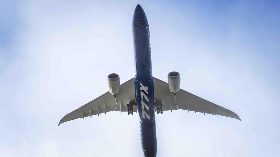 Boeing 777X WH001 makes its first flight at Paine Field in Everett, Washington on January 25, 2020.