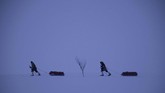 Matthieu Bellanger dan Loury Lag meninggalkan Kanada Timur menuju Alaska dalam ekspedisi 130 hari. (Olivier MORIN / AFP)