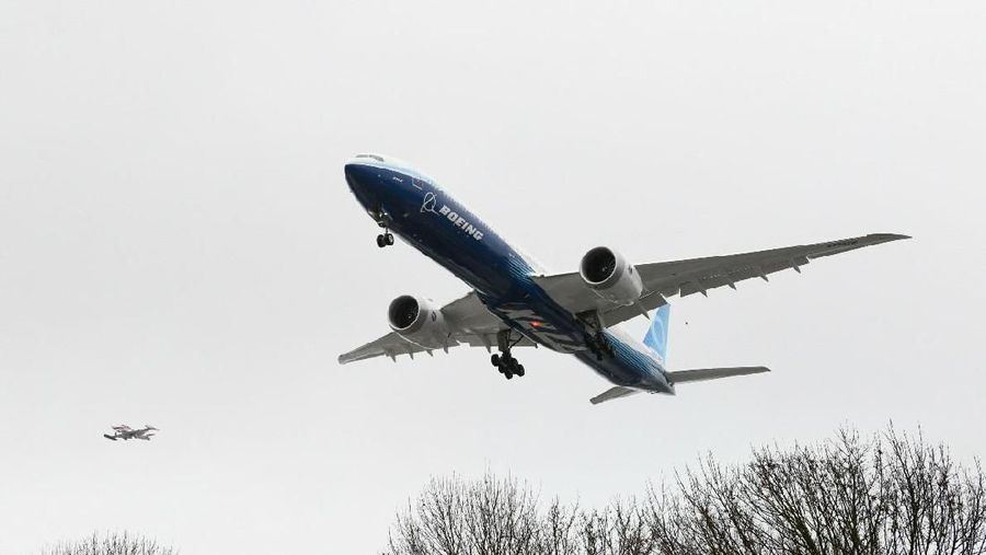 Boeing 777X WH001 makes its first flight at Paine Field in Everett, Washington on January 25, 2020.