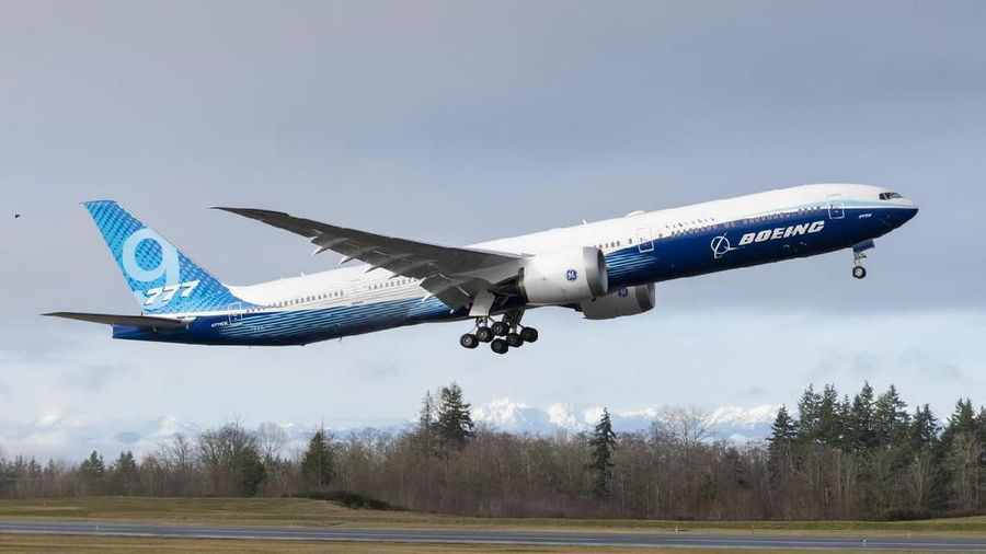 Boeing 777X WH001 makes its first flight at Paine Field in Everett, Washington on January 25, 2020.