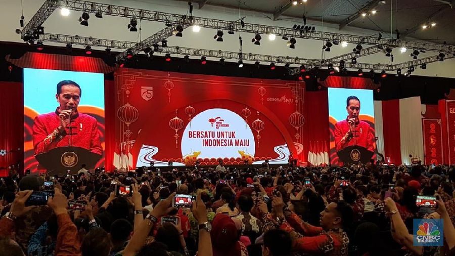 Jokowi hadir dalam perayaan Imlek Nasional 2020 di Ice BSD, Kota Tangerang Selatan, Banten pada Kamis (30/1/2020).