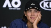 Garbine Muguruza saat sesi konferensi pers usai kekalahan dari Sofia Kenin. (AP Photo/Andy Brownbill)