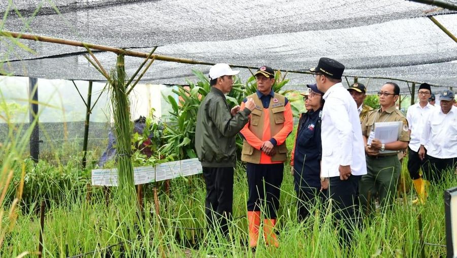 Presiden melihat bangunan dam penahan longsor dan pembuatan bronjong kawat di daerah yang sempat dilanda longsor pada awal Januari 2020 lalu.
