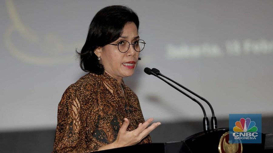 Menteri Keuangan Sri Mulyani di acara Perjanjian Kerja Sama Percepatan dan Perluasan Elektronifikasi Transaksi Pemerintah Daerah (ETP). (CNBC Indonesia/Muhammad Sabki)