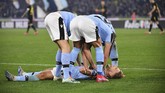 Para pemain Lazio merayakan gol yang dicetak Ciro Immobile. (Alfredo Falcone/LaPresse via AP)