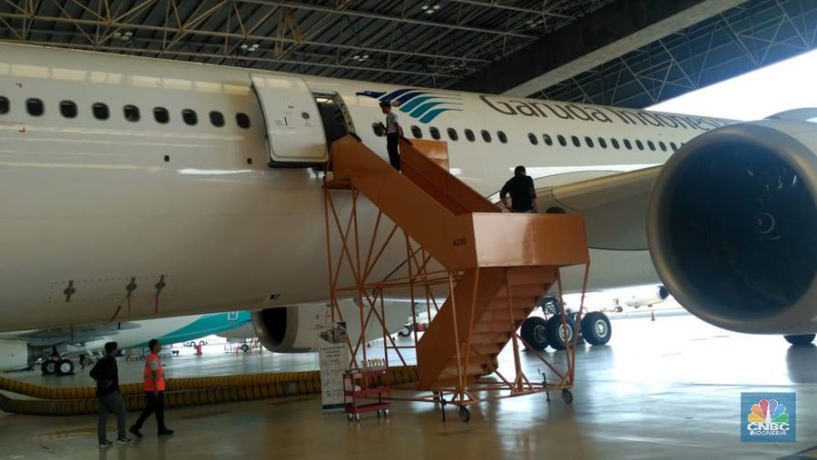 Gathering GMF AeroAsia di Hanggar 2, Area Perkantoran Bandara Internasional Soekarno-Hatta, Tangerang, Banten. (CNBC Indonesia/Choirul Anwar)