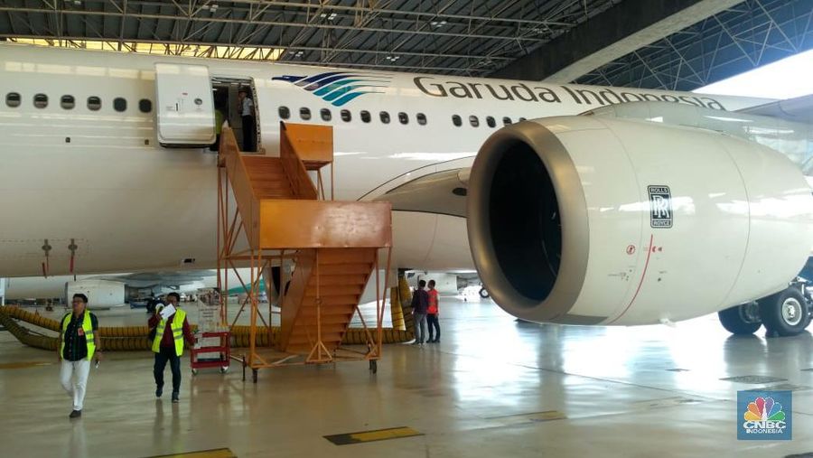 Gathering GMF AeroAsia di Hanggar 2, Area Perkantoran Bandara Internasional Soekarno-Hatta, Tangerang, Banten. (CNBC Indonesia/Choirul Anwar)