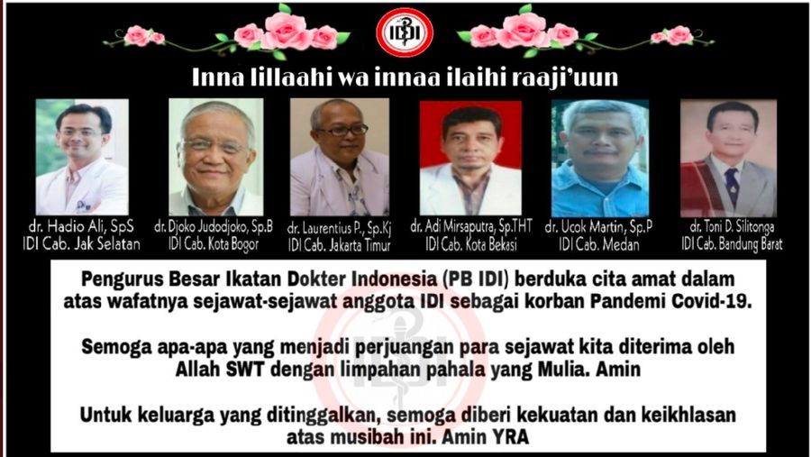 Jumlah dokter yang meninggal dunia saat berjuang membantu penanganan pasien virus corona (COVID-19) bertambah di Indonesia.