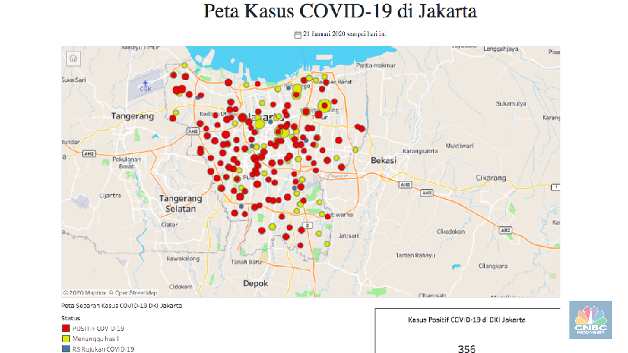 Pemprov DKI Jakarta kembali update peta penyebaran virus corona COVID-19. Data terbaru menunjukkan tambahan 21 pasien positif corona di ibu kota Indonesia ini.