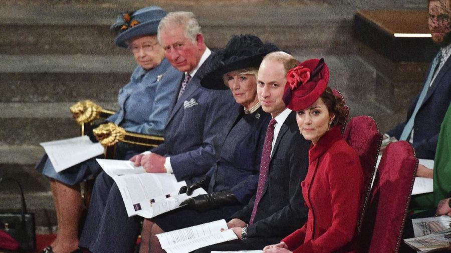 FILE - In this file photo dated Monday March 9, 2020, members of Britain's royal family, Queen Elizabeth II, Prince Charles, Camilla, Duchess of Cornwall, Prince William and Kate, Duchess of Cambridge attend the annual Commonwealth Service at Westminster Abbey in London. The prince’s Clarence House office reported on Wednesday, March 25, 2020 that the 71-year-old Prince Charles is showing mild symptoms of COVID-19 and is self-isolating at a royal estate in Scotland, also saying his wife Camilla has tested negative. (Phil Harris/Pool via AP)