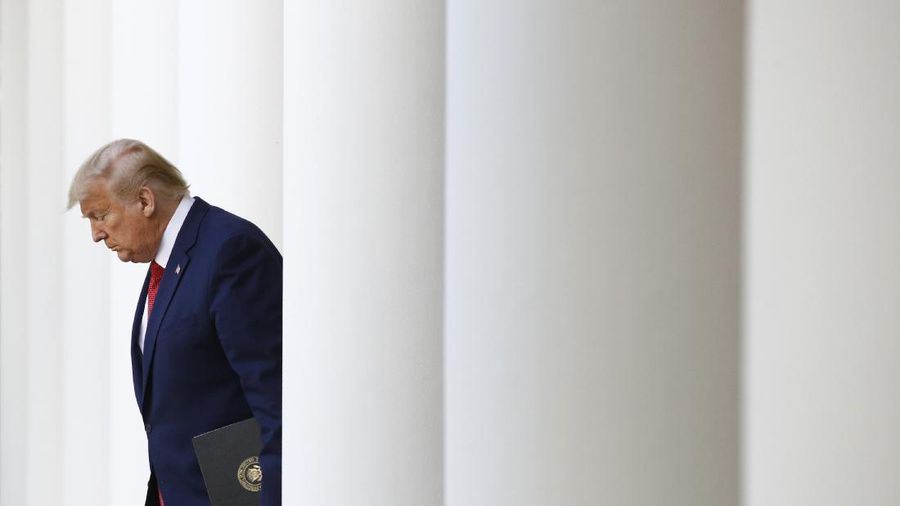 President Donald Trump arrives to speak at a coronavirus task force briefing in the Rose Garden of the White House, Sunday, March 29, 2020, in Washington. (AP Photo/Patrick Semansky)