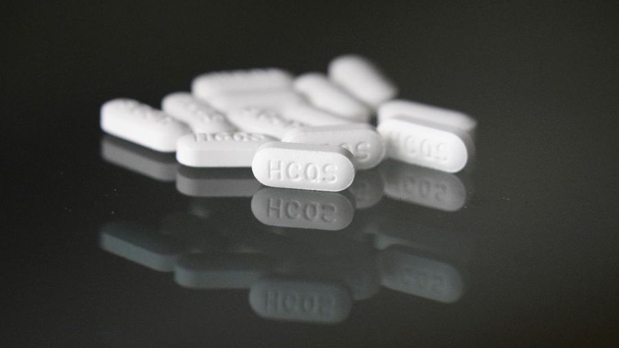 This Monday, April 6, 2020, photo shows an arrangement of hydroxychloroquine pills in Las Vegas. President Donald Trump and his administration kept up their out-sized promotion Monday of an malaria drug not yet officially approved for fighting the new coronavirus, even though scientists say more testing is needed before it’s proven safe and effective against COVID-19. Trump trade adviser Peter Navarro championed hydroxychloroquine in television interviews a day after the president publicly put his faith in the medication to lessen the toll of the coronavirus pandemic. (AP Photo/John Locher)
