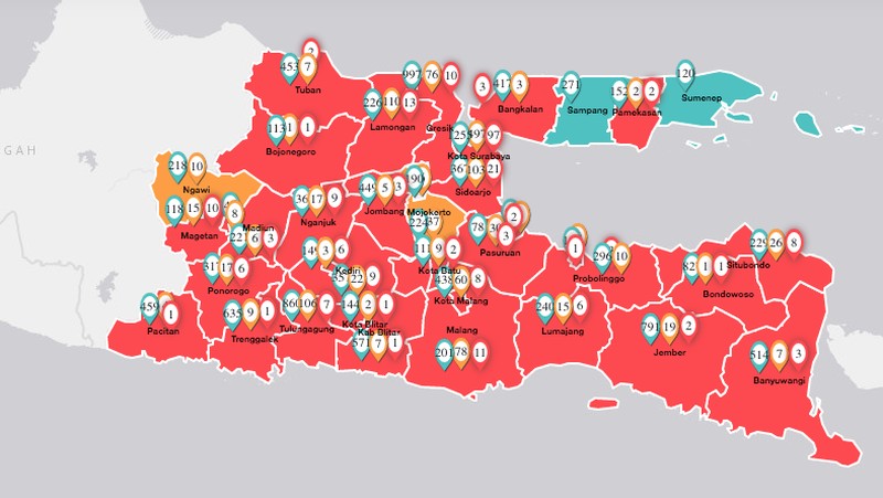 Kasus COVID-19 tersebar di 33 provinsi. Provinsi DKI Jakarta memuat kasus paling banyak.