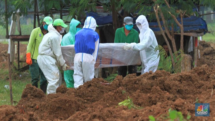 Pemakaman Covid-19 di TPU Tegal Alur, Jakarta Barat. (CNBC Indonesia/Tri Susilo)