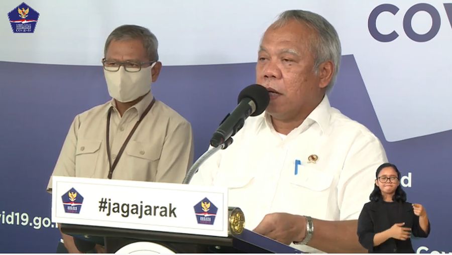 Menteri PUPR, Basuki Hadimuljono memberikan keterangan pers mengenai Padat Karya Tunai untuk Menjaga Penghidupan Masyarakat dan Menekan Angka Pengangguran