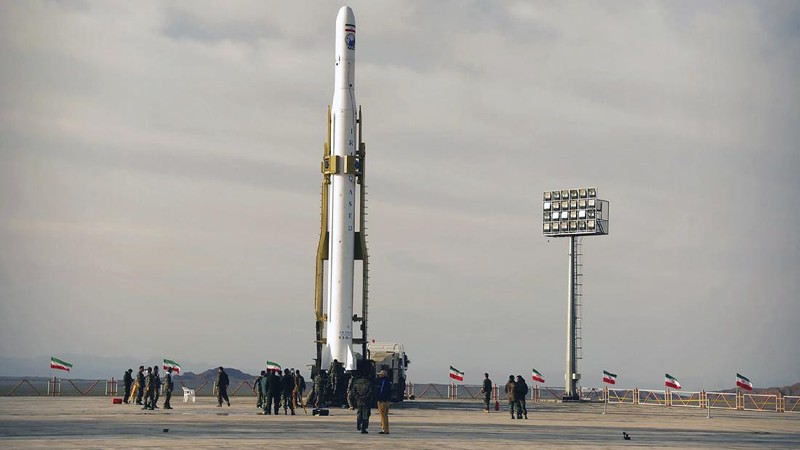 In this photo released Wednesday, April 22, 2020, by Sepahnews, an Iranian rocket carrying a satellite is prepared for launch from an undisclosed site believed to be in Iran's Semnan province. Iran's Revolutionary Guard said Wednesday it put the Islamic Republic's first military satellite into orbit, dramatically unveiling what experts described as a secret space program with a surprise launch that came amid wider tensions with the United States. (Sepahnews via AP)