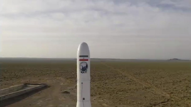 In this photo released Wednesday, April 22, 2020, by Sepahnews, an Iranian rocket carrying a satellite is prepared for launch from an undisclosed site believed to be in Iran's Semnan province. Iran's Revolutionary Guard said Wednesday it put the Islamic Republic's first military satellite into orbit, dramatically unveiling what experts described as a secret space program with a surprise launch that came amid wider tensions with the United States. (Sepahnews via AP)