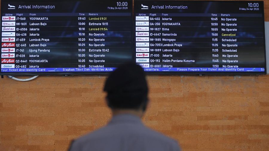 Police officers stand guard at the Ngurah Rai airport, Friday, April 24, 2020, in Bali, Indonesia. Indonesia is suspending passenger flights and rail service as it restricts people in the world's most populous Muslim nation from traveling to their hometowns during the Islamic holy month of Ramadan because of the coronavirus outbreak. (AP Photo/Firdia Lisnawati)