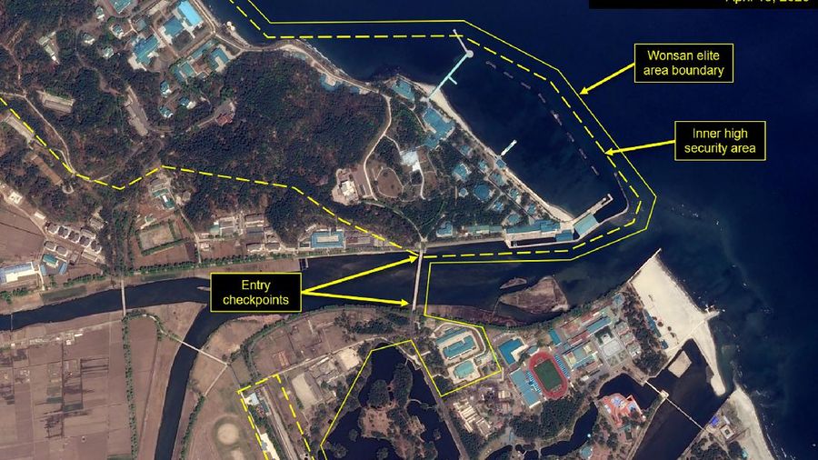 This Wednesday, April 15, 2020, satellite image provided by Airbus Defence & Space and annotated by 38 North, a website specializing in North Korea studies, shows overview of Wonsan complex in Wonsan, North Korea. Recent satellite photos show a train probably belonging to North Korean leader Kim Jong Un has been spotted on the country’s east coast amid mounting speculation about his health. (Airbus Defence & Space and 38 North, Pleiades©CNES 2020, Distribution Airbus DS via AP)
