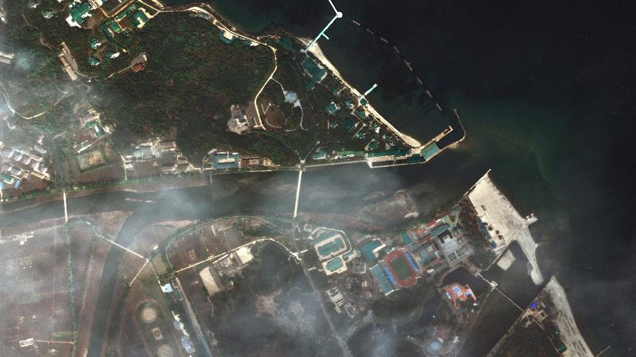 This Wednesday, April 15, 2020, satellite image provided by Airbus Defence & Space and annotated by 38 North, a website specializing in North Korea studies, shows overview of Wonsan complex in Wonsan, North Korea. Recent satellite photos show a train probably belonging to North Korean leader Kim Jong Un has been spotted on the country’s east coast amid mounting speculation about his health. (Airbus Defence & Space and 38 North, Pleiades©CNES 2020, Distribution Airbus DS via AP)