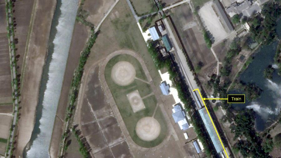 This Wednesday, April 15, 2020, satellite image provided by Airbus Defence & Space and annotated by 38 North, a website specializing in North Korea studies, shows overview of Wonsan complex in Wonsan, North Korea. Recent satellite photos show a train probably belonging to North Korean leader Kim Jong Un has been spotted on the country’s east coast amid mounting speculation about his health. (Airbus Defence & Space and 38 North, Pleiades©CNES 2020, Distribution Airbus DS via AP)