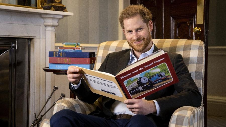 In this January, 2020 photo and made available on Monday April 27, 2020 by Mattel, Britain's Prince Harry poses for a photo during the recording of his introduction to the new animated special 'Thomas & Friends: The Royal Engine'. Set when the the Prince Harry's father, Prince Charles was a boy, Thomas has to take Sir Topham Hatt, the controller of the railway, to Buckingham Palace to receive an honour. The special will be screened in the US on Netflix on 1 May, 2020 and in the UK on Channel 5 Milkshake at 9:05 am on 2 May, 2020. (Dave Poultney/Mattel via AP)