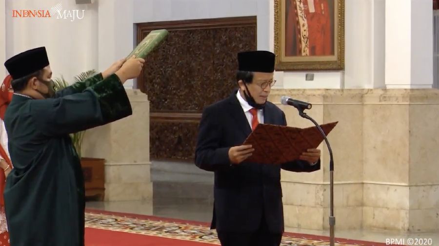 Pelantikan Kepala BNPT dan Pengucapan Sumpah Kepala PPATK, Istana Negara, 6 Mei 2020. Screenshot Sekretariat Presiden