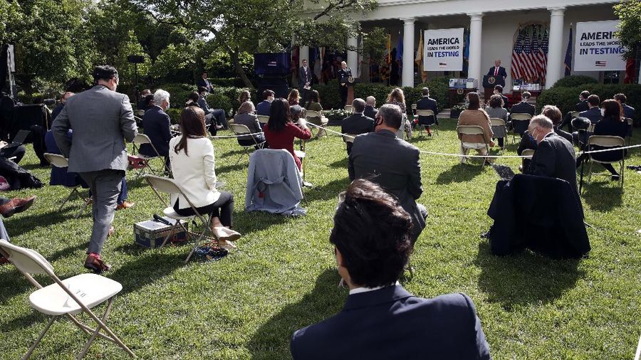 Presiden Donald Trump konferensi pers COVID-19. AP/Alex Brandon