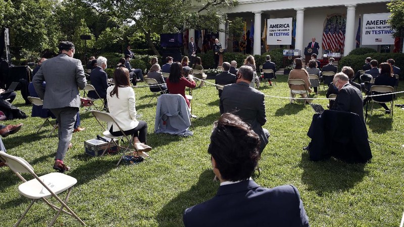 Presiden Donald Trump konferensi pers COVID-19. AP/Alex Brandon