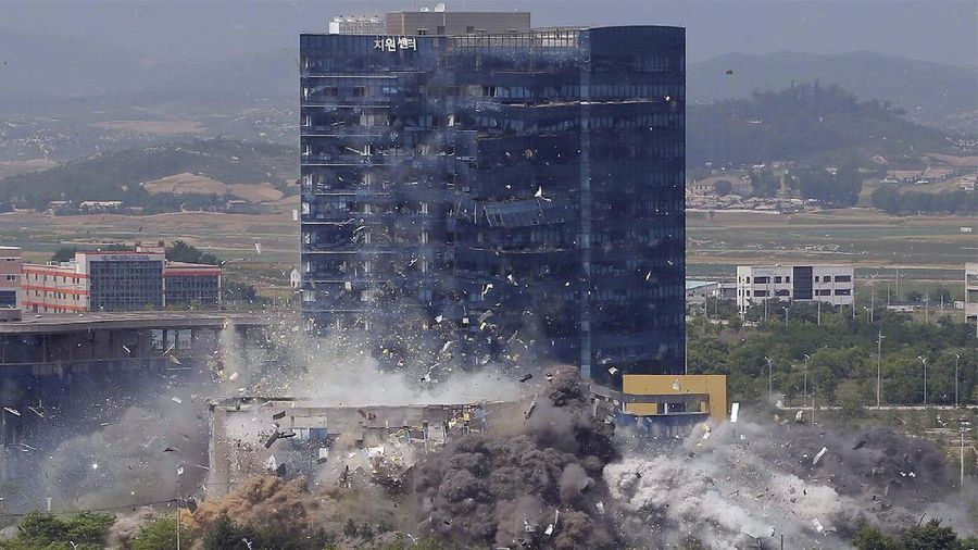 This photo provided by the North Korean government shows the explosion of an inter-Korean liaison office building in Kaesong, North Korea, Tuesday, June 16, 2020. South Korea says that North Korea has exploded the inter-Korean liaison office building just north of the tense Korean border. Independent journalists were not given access to cover the event depicted in this image distributed by the North Korean government. The content of this image is as provided and cannot be independently verified. (Korean Central News Agency/Korea News Service via AP)
