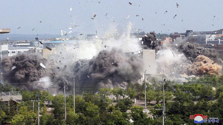 This photo provided by the North Korean government shows the explosion of an inter-Korean liaison office building in Kaesong, North Korea, Tuesday, June 16, 2020. South Korea says that North Korea has exploded the inter-Korean liaison office building just north of the tense Korean border. Independent journalists were not given access to cover the event depicted in this image distributed by the North Korean government. The content of this image is as provided and cannot be independently verified. (Korean Central News Agency/Korea News Service via AP)