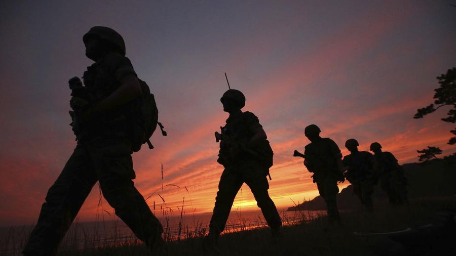 South Korean Marines patrol on Yeonpyeong Island, South Korea, Tuesday, June 16, 2020. North Korea blew up an inter-Korean liaison office building just north of the heavily armed border with South Korea on Tuesday in a carefully choreographed display of anger that sharply raises tensions on the Korean Peninsula and puts pressure on Washington and Seoul amid deadlocked nuclear diplomacy. (Kim In-chul/Yonhap via AP)