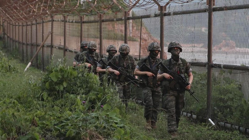 South Korean Marines patrol on Yeonpyeong Island, South Korea, Tuesday, June 16, 2020. North Korea blew up an inter-Korean liaison office building just north of the heavily armed border with South Korea on Tuesday in a carefully choreographed display of anger that sharply raises tensions on the Korean Peninsula and puts pressure on Washington and Seoul amid deadlocked nuclear diplomacy. (Kim In-chul/Yonhap via AP)