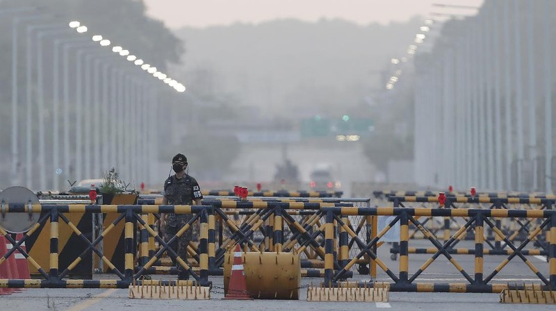 South Korean Marines patrol on Yeonpyeong Island, South Korea, Tuesday, June 16, 2020. North Korea blew up an inter-Korean liaison office building just north of the heavily armed border with South Korea on Tuesday in a carefully choreographed display of anger that sharply raises tensions on the Korean Peninsula and puts pressure on Washington and Seoul amid deadlocked nuclear diplomacy. (Kim In-chul/Yonhap via AP)