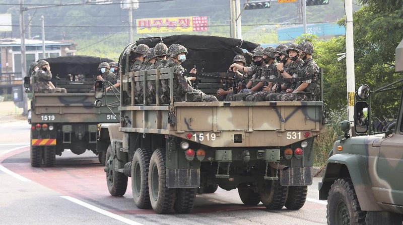 South Korean Marines patrol on Yeonpyeong Island, South Korea, Tuesday, June 16, 2020. North Korea blew up an inter-Korean liaison office building just north of the heavily armed border with South Korea on Tuesday in a carefully choreographed display of anger that sharply raises tensions on the Korean Peninsula and puts pressure on Washington and Seoul amid deadlocked nuclear diplomacy. (Kim In-chul/Yonhap via AP)