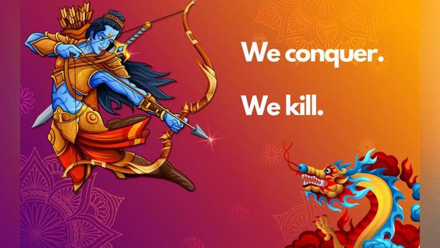 Ilustrasi Viral Rama melawan seekor naga China (kredit Gambar :  lihkg user Somethink.More)