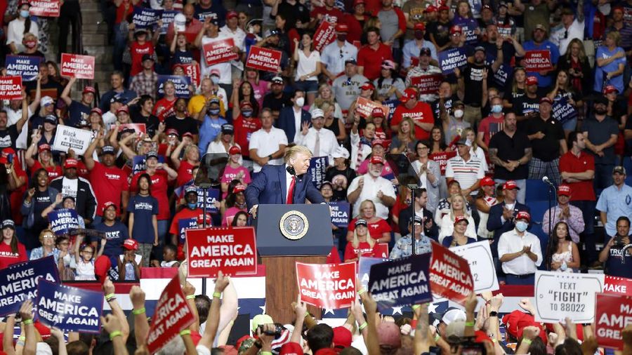 President Donald Trump, front center, speaks at BOK Center during his rally in Tulsa, Okla., Saturday, June 20, 2020. (Stephen Pingry/Tulsa World via AP)