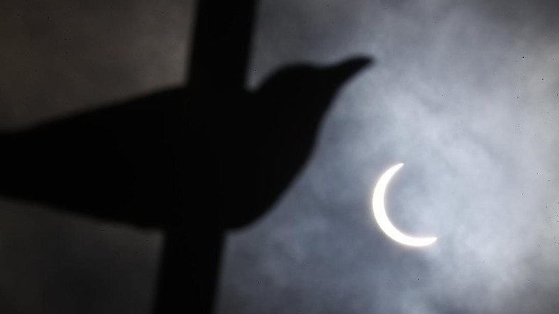 A man tries to take photos as a solar eclipse is seen over the sky in Chiayi City, southwest of Taiwan, Sunday, June 21, 2020. (AP Photo/Chiang Ying-ying)
