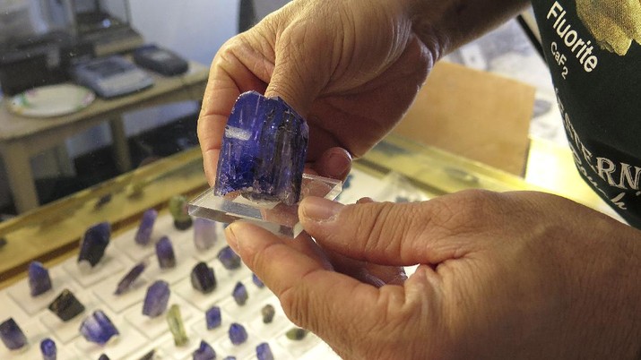 This Feb. 9, 2015 photo shows a salesman at the New Era Gems holding a tanzanite mineral found in Tanzania displayed during the Arizona Mineral and Fossil Show in Tucson, Ariz. (AP Photo/Astrid Galvn)