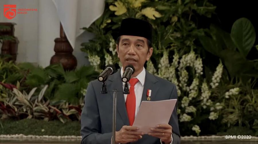 Jokowi di hari Peringatan ke-74 Hari Bhayangkara, Istana Negara, 1 Juli 2020 (BPMI)