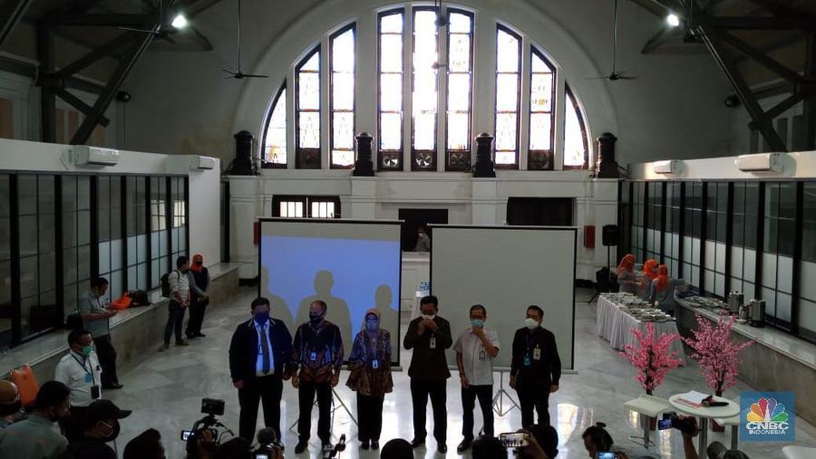 Konfrensi Pers Himbara di Gedung Filateli Jakarta, Senin (6//7/2020).  (CNBC Indonesia/ Syahrizal Sidik)