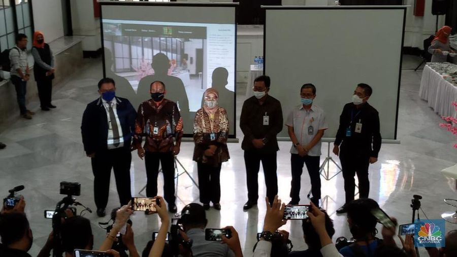 Konfrensi Pers Himbara di Gedung Filateli Jakarta, Senin (6//7/2020).  (CNBC Indonesia/ Syahrizal Sidik)