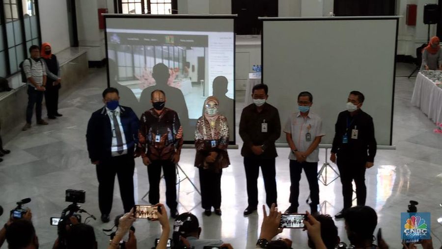 Konfrensi Pers Himbara di Gedung Filateli Jakarta, Senin (6//7/2020).  (CNBC Indonesia/ Syahrizal Sidik)
