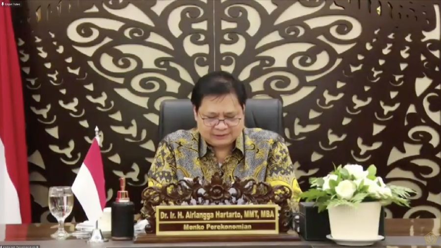 Menteri Koordinator Bidang Perekonomian Airlangga Hartarto dalam acara Peluncuran Penjaminan Kredit Modal Kerja UMKM Dalam Rangka Pemulihan Ekonomi Nasional (Tangkapan Layar Youtue Kemenkeu)